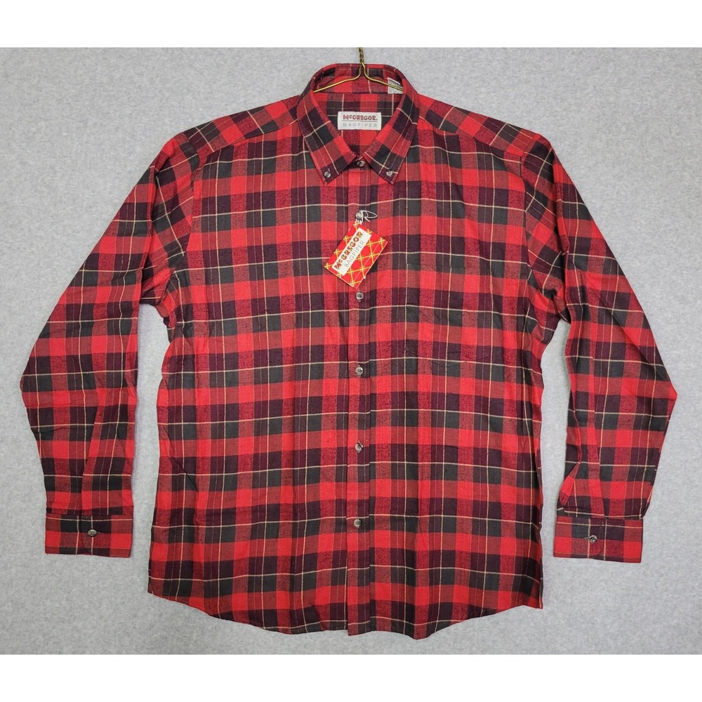 Vintage McGregor Bagpiper Red Black Plaid Flannel Button Down Shirt Mens Large